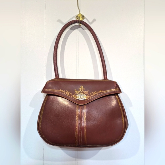 Italian Leather Handbag In Brown Gold Leaf Detail 60s Style Vintage Turnlock - Picture 10 of 10